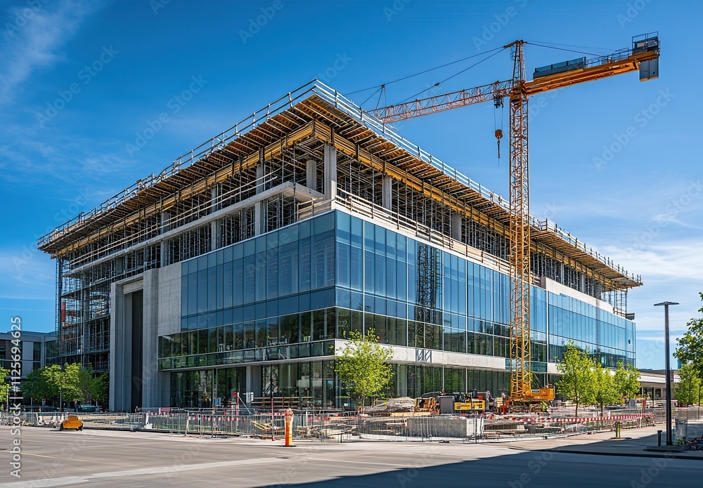Poster modern glass office building under construction with a crane, showcasing progress and development in
