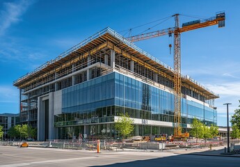 Obraz premium Modern glass office building under construction with a crane, showcasing progress and development in urban architecture.