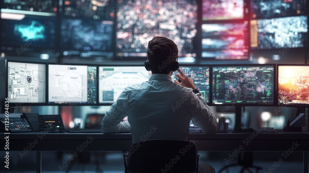 Poster surveillance action control room operations technology center digital display high-tech environment 