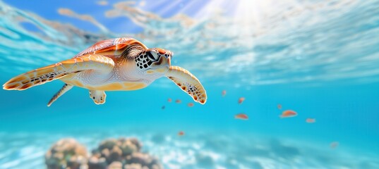 Majestic sea turtle swimming underwater in sunlit ocean