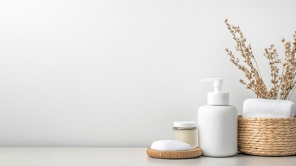 Minimalist Bathroom Countertop with Organic Skin Care Products and Natural Decor Elements