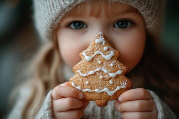 Naklejka premium Enchanting Little Girl Holding Christmas Tree Shaped Gingerbread Cookie with Icing in Winter Attire Holiday Cheer Concept