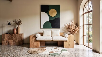 Generative AI, Modern living room with modular wooden sofa, abstract artwork, and arched windows.