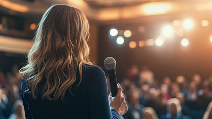 Woman speaker at conference, addressing audience.