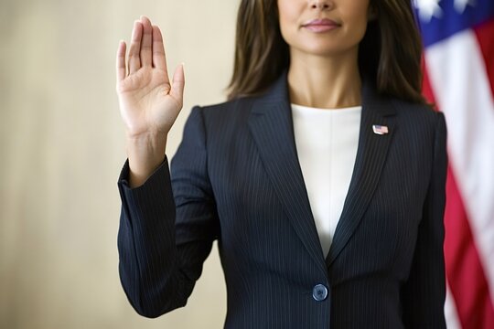 Close-up of a politician raising her right hand while taking an oath of office, with the american flag in the background, symbolizing patriotism and commitment to public service