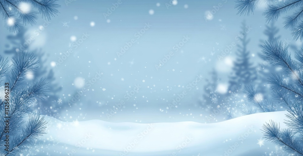 Poster a snowy winter background with pine branches and bokeh lights, creating an enchanting atmosphere for