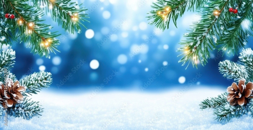 Poster a snowy winter background with pine branches and bokeh lights, creating an enchanting atmosphere for