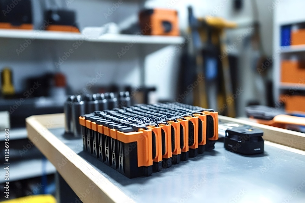 Poster rows of advanced battery cells sit on a workbench, showcasing the intricate manufacturing process be