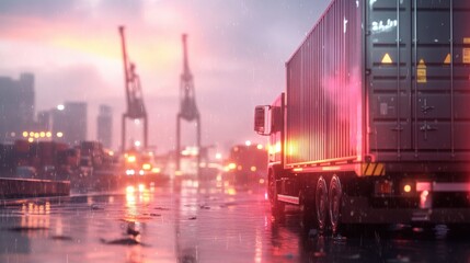 Truck transporting cargo at industrial port urban environment evening dynamic scene for logistics sector