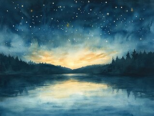 Fototapeta premium Starry night sky over calm lake, forest silhouette.