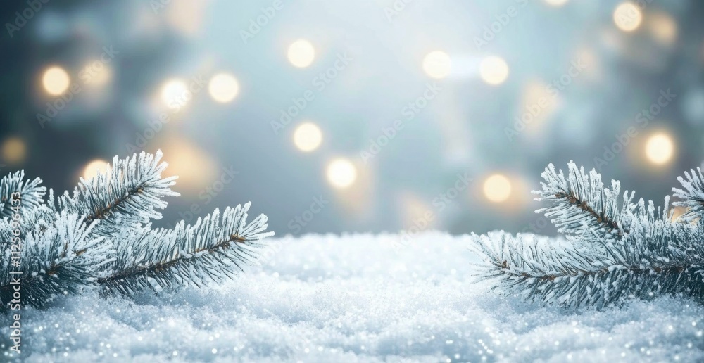 Aufkleber a snowy winter background with soft blue and white hues, adorned with frost-covered pine branches th