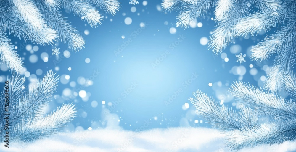 Poster a beautiful winter background with snow and bokeh lights, with a blue color scheme the scene is ador