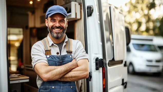Un homme barbu souriant, v&ecirc;tu d'une salopette et d'une casquette, les bras crois&eacute;s, se tenant debout &agrave; c&ocirc;t&eacute; de la porte ouverte d'une camionnette blanche.