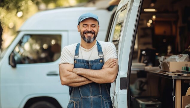 Un homme barbu souriant, v&ecirc;tu d'une salopette et d'une casquette, les bras crois&eacute;s, se tenant debout &agrave; c&ocirc;t&eacute; de la porte ouverte d'un v&eacute;hicule utilitaire blanc.