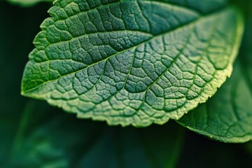 Fototapeta premium Close-up of a green leaf showcasing its intricate texture and natural beauty.
