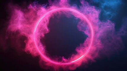 illustration of neon smoke exploding outwards with empty center. Dramatic smoke or fog effect for spooky, hot lighting ring circle