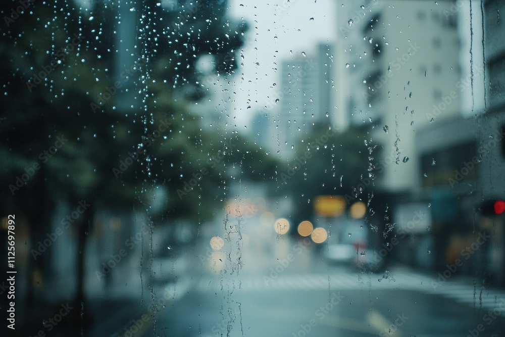 Fototapete raindrops glisten against the window while an empty street remains still, creating a calm atmosphere