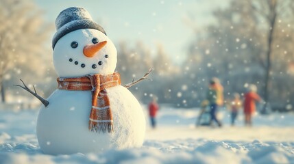 Snowman with Orange Scarf on Snowy Field and Falling Snow.Joy. simplicity. the wonder of winter.holiday card, winter flyer, seasonal template, product photography, festive design.
