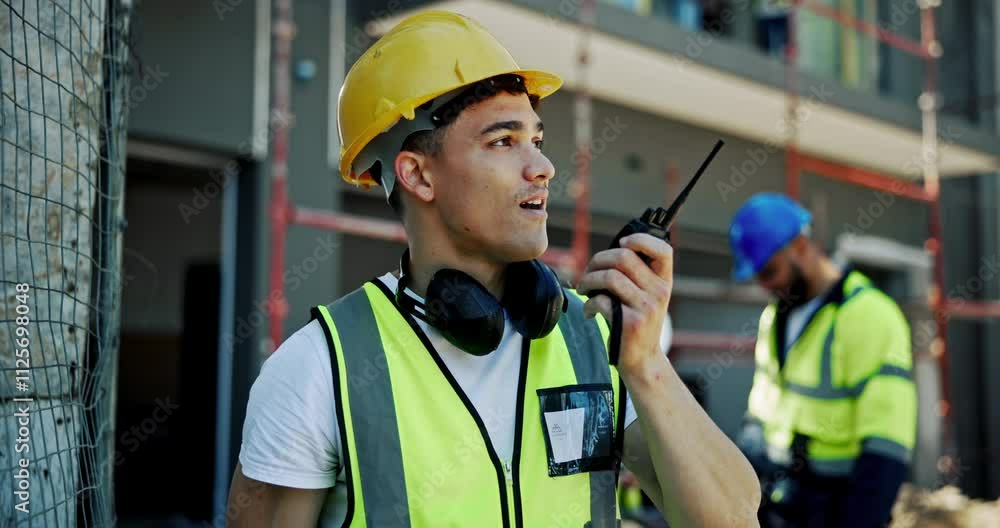 Fototapete construction worker, pointing and radio with engineer man on building site for industry maintenance.