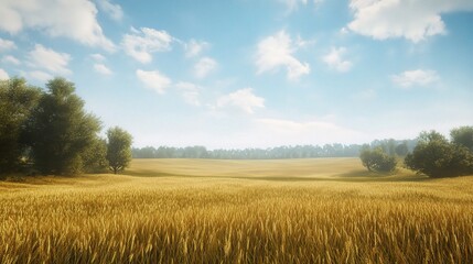 Vast Golden Wheat Fields Under Bright Sunlight in Clear Sky