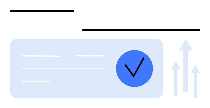 Blue checkmark inside light blue box with upward arrows and parallel black lines. Ideal for progress tracking, success, achievement, approval, verification, growth, online processes. Line metaphor