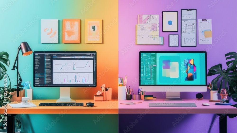 Leinwandbilder two contrasting workspaces are displayed, one featuring a minimalist setup and the other showcasing 