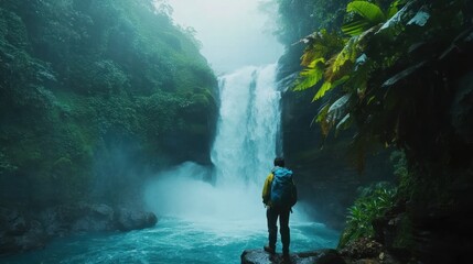 Obraz premium Majestic Waterfall in Lush Rainforest: A Solo Traveler's Enthralling Journey
