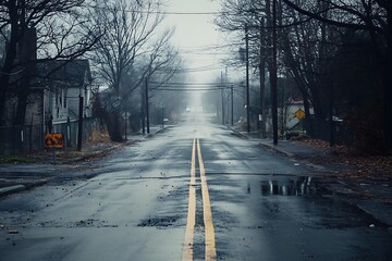 A foggy, rainy street scene with bare trees and reflective pavement.