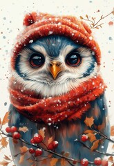 Obraz premium Watercolor Christmas owl on a greeting card.