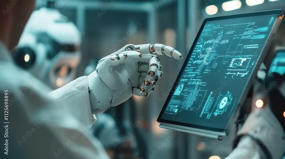 Poster robotic hand interacting with digital interface in high-tech laboratory futuristic setting insightfu