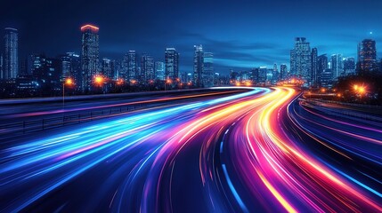 Obraz premium Abstract Digital Concept of Speed with Neon Lights in Cityscape