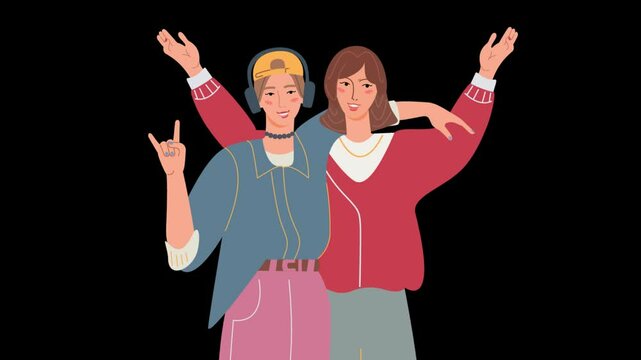 2D two smiling friends posing together on alpha.
