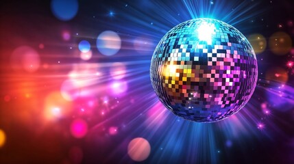 Hanging disco ball reflecting multicolored lights on vibrant background.Celebration. Energy. Timeless groove.Party posters, event banners, music promotions, nightclub decor, festive ads.


