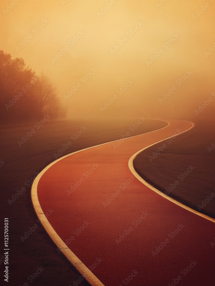 Fototapete a winding running track stretches toward the horizon, surrounded by fog and trees, creating a tranqu