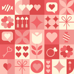 Valentine's day geometric seamless pattern. Design with cute Valentine and heart elements. 