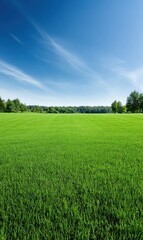Obraz premium Lush Green Field Under Blue Sky with Wispy Clouds and Tree Line in Bright Natural Landscape Setting
