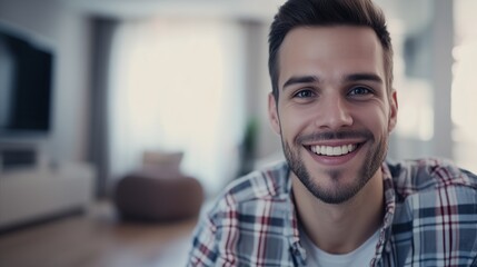 Man with a beard and a plaid shirt is smiling
