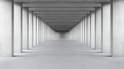 Narrow cement room with repetitive vertical grooves creating stark, modern aesthetic. space feels expansive and minimalistic
