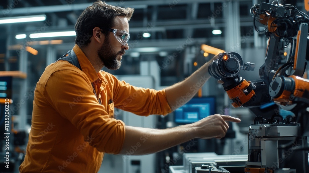 Poster robotic arm interaction industrial setting high-tech workspace collaborative environment close-up vi