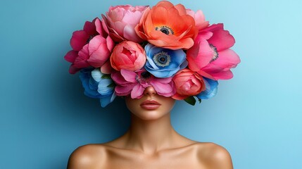 Abstract art collage of a young woman with flowers on her face covering her eyes. A modern portrait symbolizing mystery, beauty, and the connection between nature and emotions.