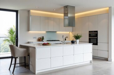 Fototapeta premium A contemporary dining space with an emphasis on minimalist elegance. The room has a sleek wooden table, modern chairs