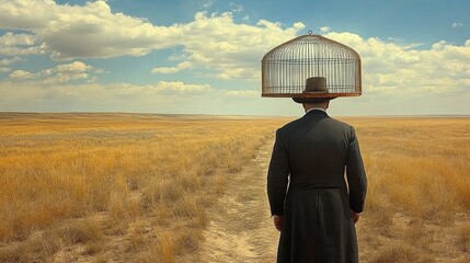 Surreal artwork of a man with an open birdcage over his head. A symbolic representation of freedom, escape, and self-liberation in an abstract and conceptual form.