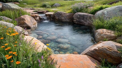Tranquil Natural Spring Surrounded by Wildflowers