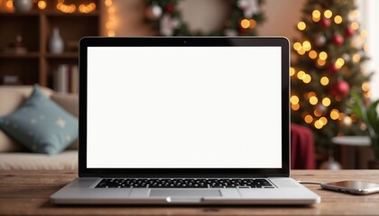 Laptop on Wooden Table with Christmas Tree and Festive Decorations in Background.Modern Technology. Cozy Holidays. A Blend of Productivity and Celebration. posters, flyers, tech branding, seasonal a

