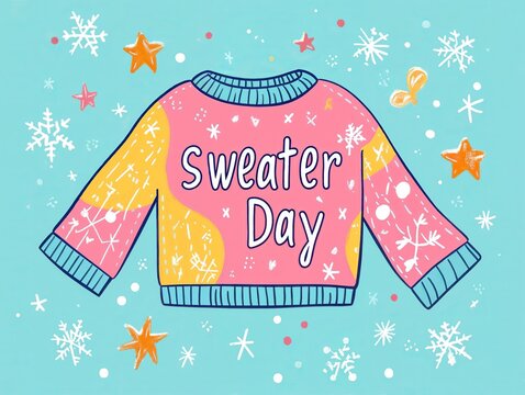 Pink sweater with snowflakes and stars design for “Sweater Day” on blue background.Comfort. Joy. Seasonal warmth.Posters, fashion ads, event flyers, cozy-themed campaigns, winter promotions.


