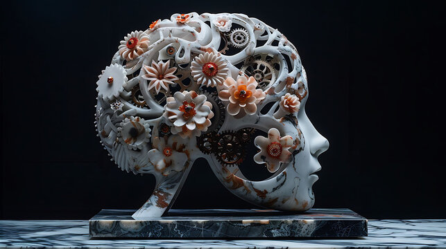 A creative negative space sculpture of a brain filled with gears and cogs, symbolizing intelligence, problem-solving, and the inner workings of the human mind.  
