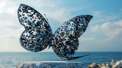 Fototapeta premium A stunning negative space sculpture where musical notes come together to form the shape of a butterfly, symbolizing harmony, transformation, and creative beauty. 
