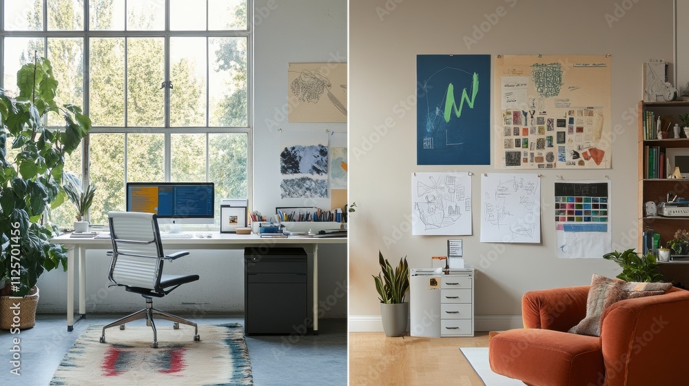Poster a modern workspace features a desk and computer, while an adjacent area showcases artistic designs o