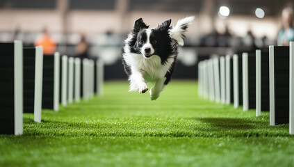 Energetic Border Collie competing in a competitive dog agility course event.