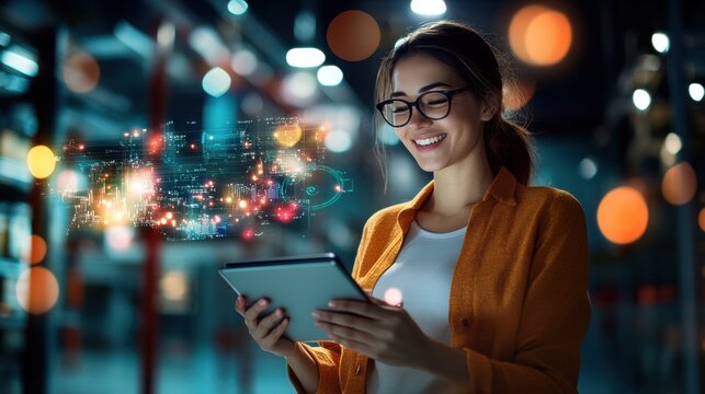 Innovative technology use by young professional urban setting digital interaction nighttime environment optimistic vibe for future trends